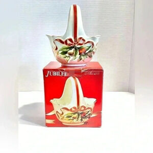 Vintage Porcelain Christmas Basket Candy Dish Jubilee Collection 6” With Box